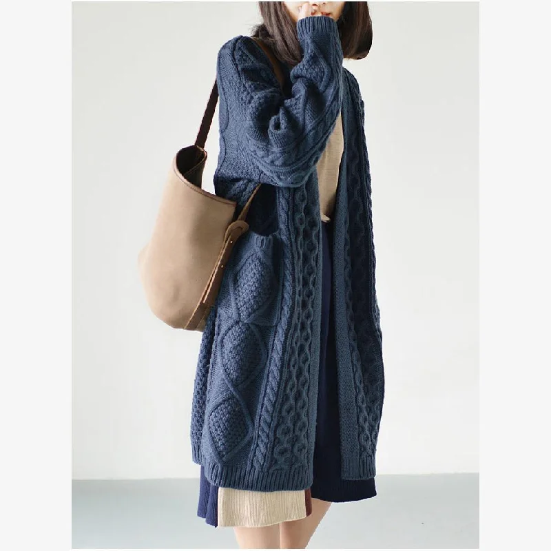 Dull blue cable knit cardigans plus size sweaters knitted coats