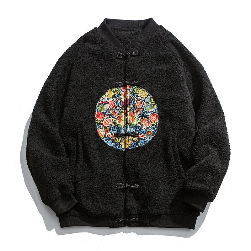 Floral Circle Embroidery Thick Camo Fleece Unisex Chinese Style Jacket