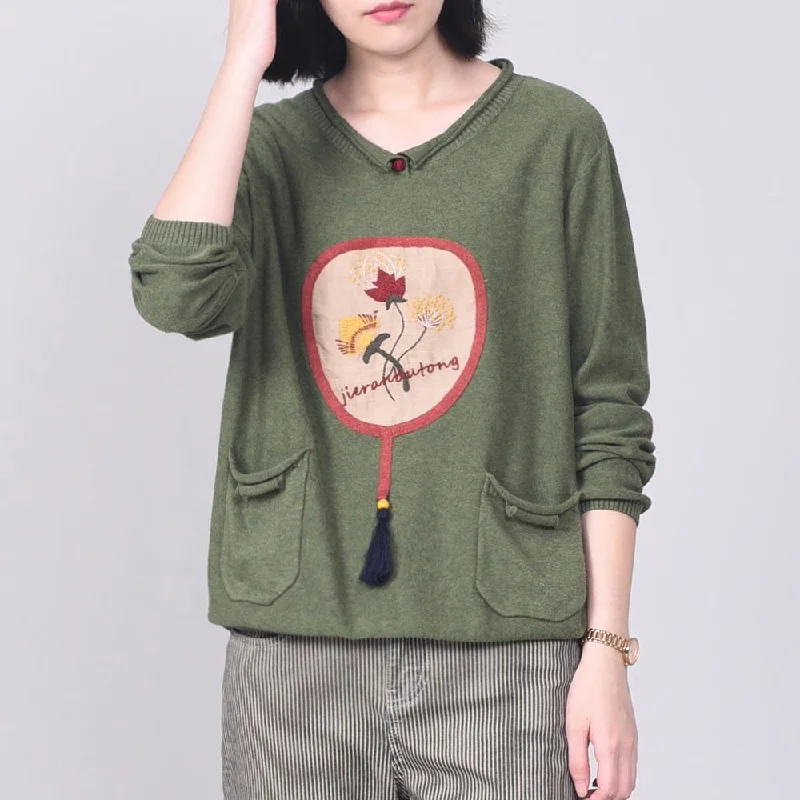 For Work green embroidery knitted pullover oversize v neckknit topspockets