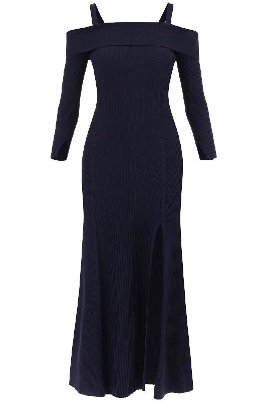 Ganni long knitted off-the-shoulder dress K1989 SKY CAPTAIN