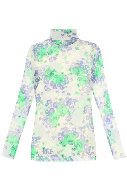 Ganni long-sleeved top in mesh with floral pattern T3496 EGRET