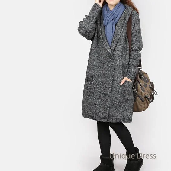 Gray women long cardigan knit coat