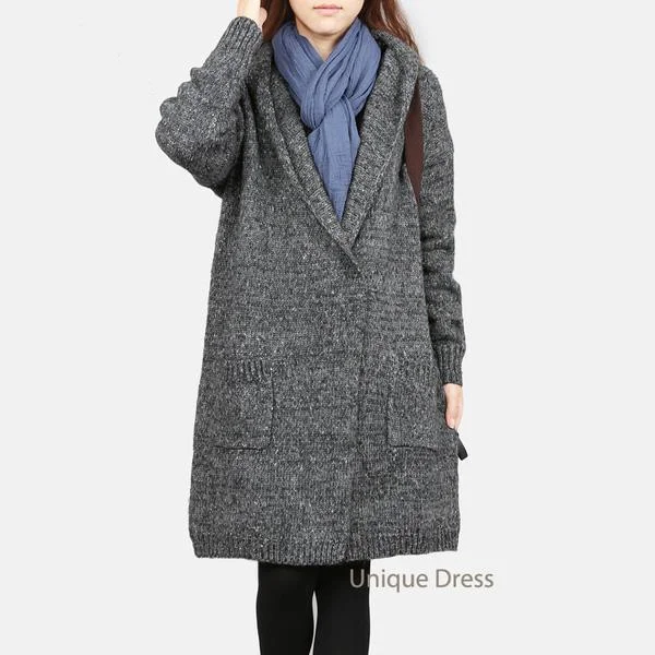 Gray women long cardigan knit coat