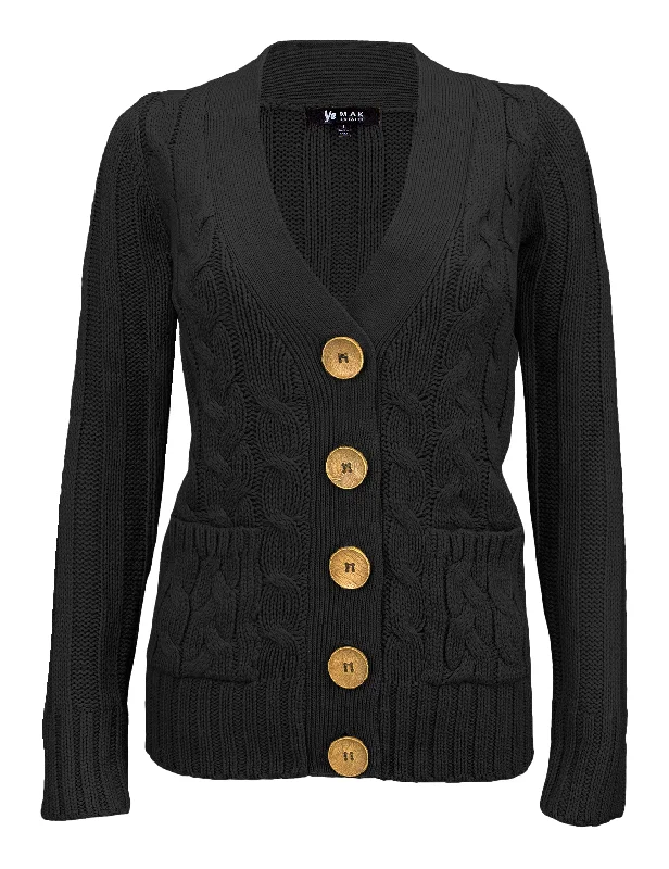 Women's Casual Long Sleeve Button Down Cable Knit Cardigan Sweater with Two Pockets HB3134