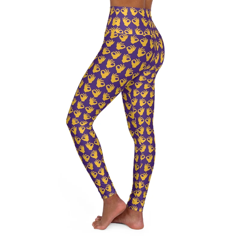 High Waisted Yoga Leggings - Purple/Gold Griddy