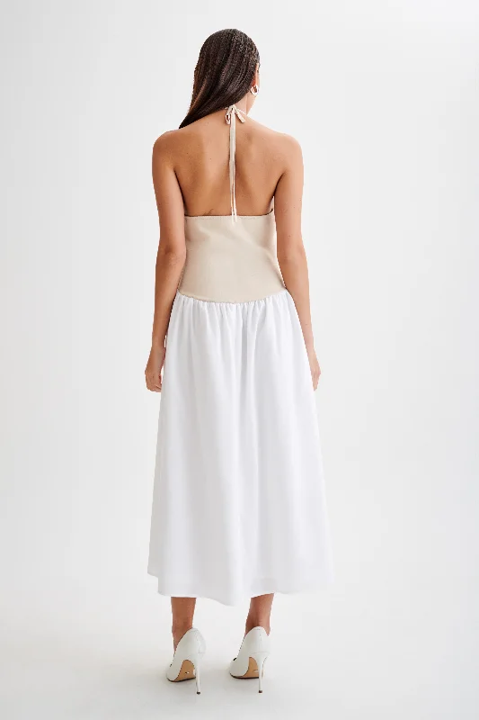 Katie Knit And Linen Midi Dress - Natural/White