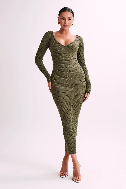 Nina Long Sleeve Knit Midi Dress - Olive