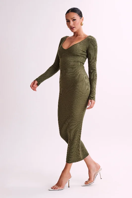 Nina Long Sleeve Knit Midi Dress - Olive