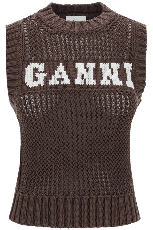 open-stitch knitted vest with logo K2120 HOT FUDGE