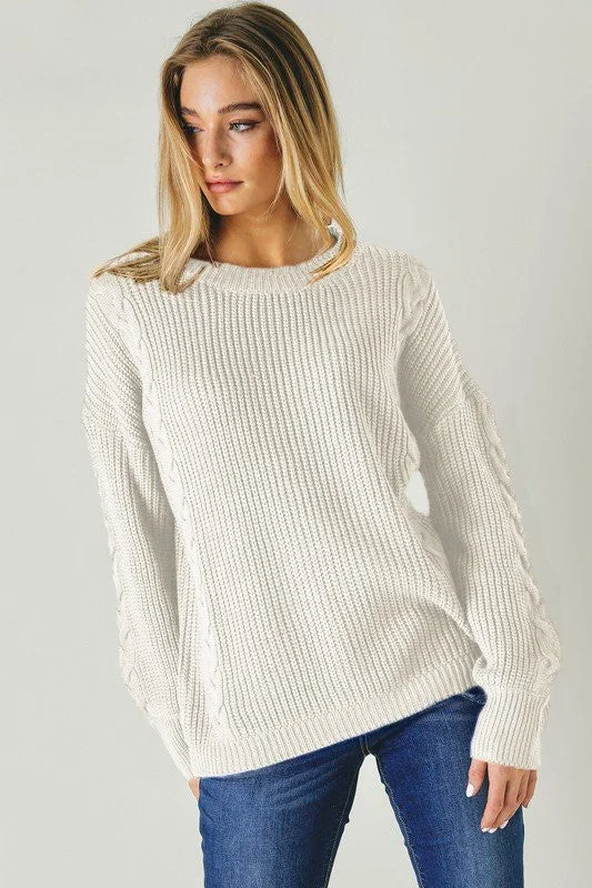 Round Neck Sweater with Cable Accents