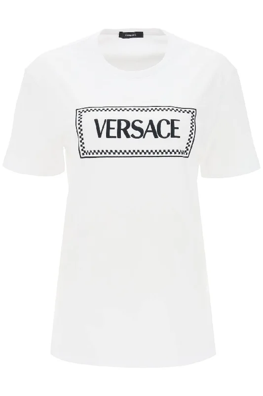 Versace t-shirt with logo embroidery 1011882 1A08573 WHITE BLACK