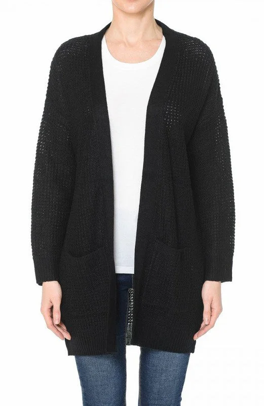 Waffle Knit Pocketed Long Sleeve Cardigan Sweater