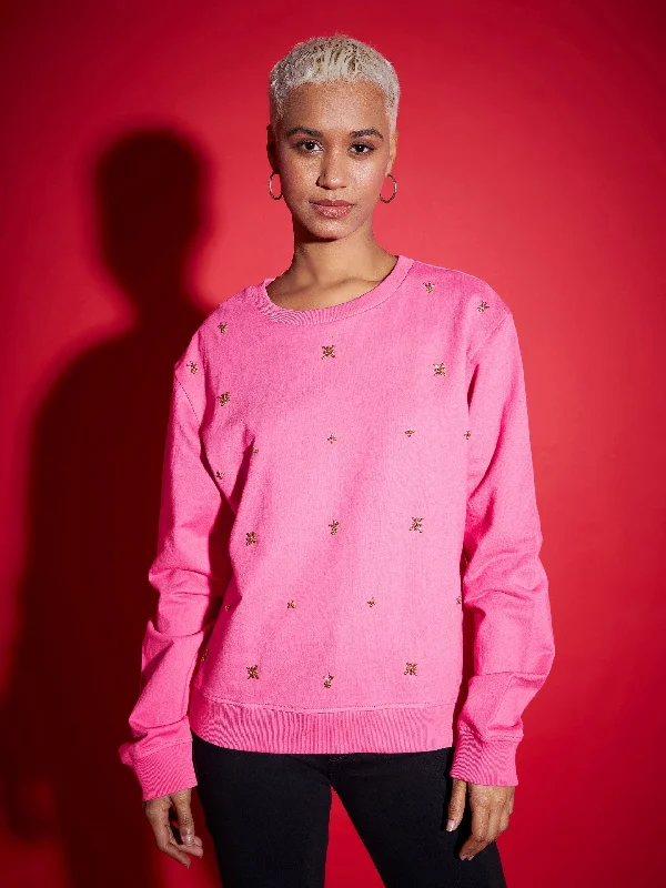 Women Pink Terry All Over Pearl Sweatshirt