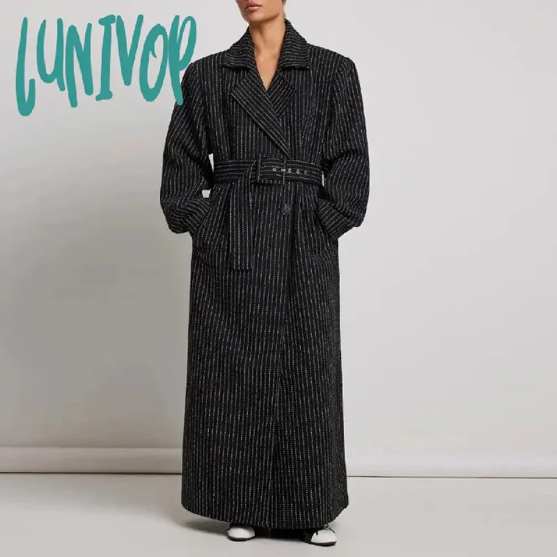 Lunivop Women Chic Striped Print Lace Up Split Overcoat Elegant Lapel Double Breasted Long Woolen Coat  Winter Lady High Streetwear